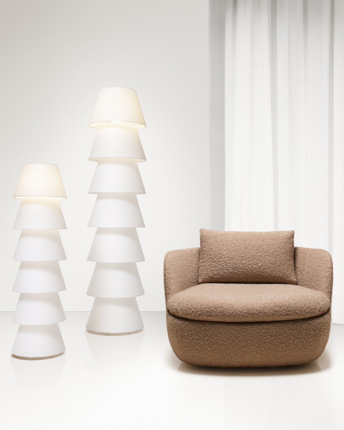 Poetic composition Set Up Shades floor light and Bart Armchair